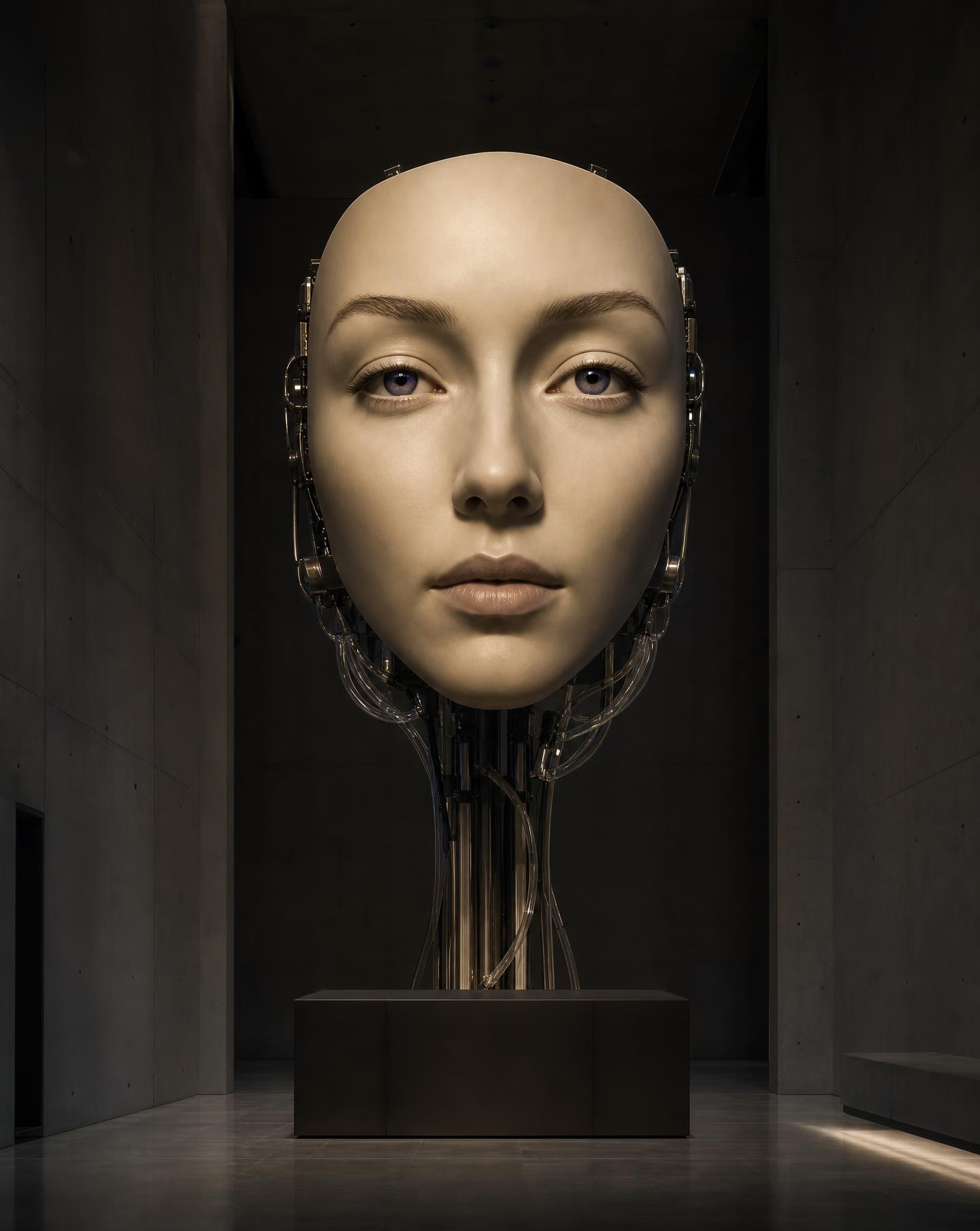 Alys, a large sculptural synthetic face floating above a plinth in a dark concrete gallery