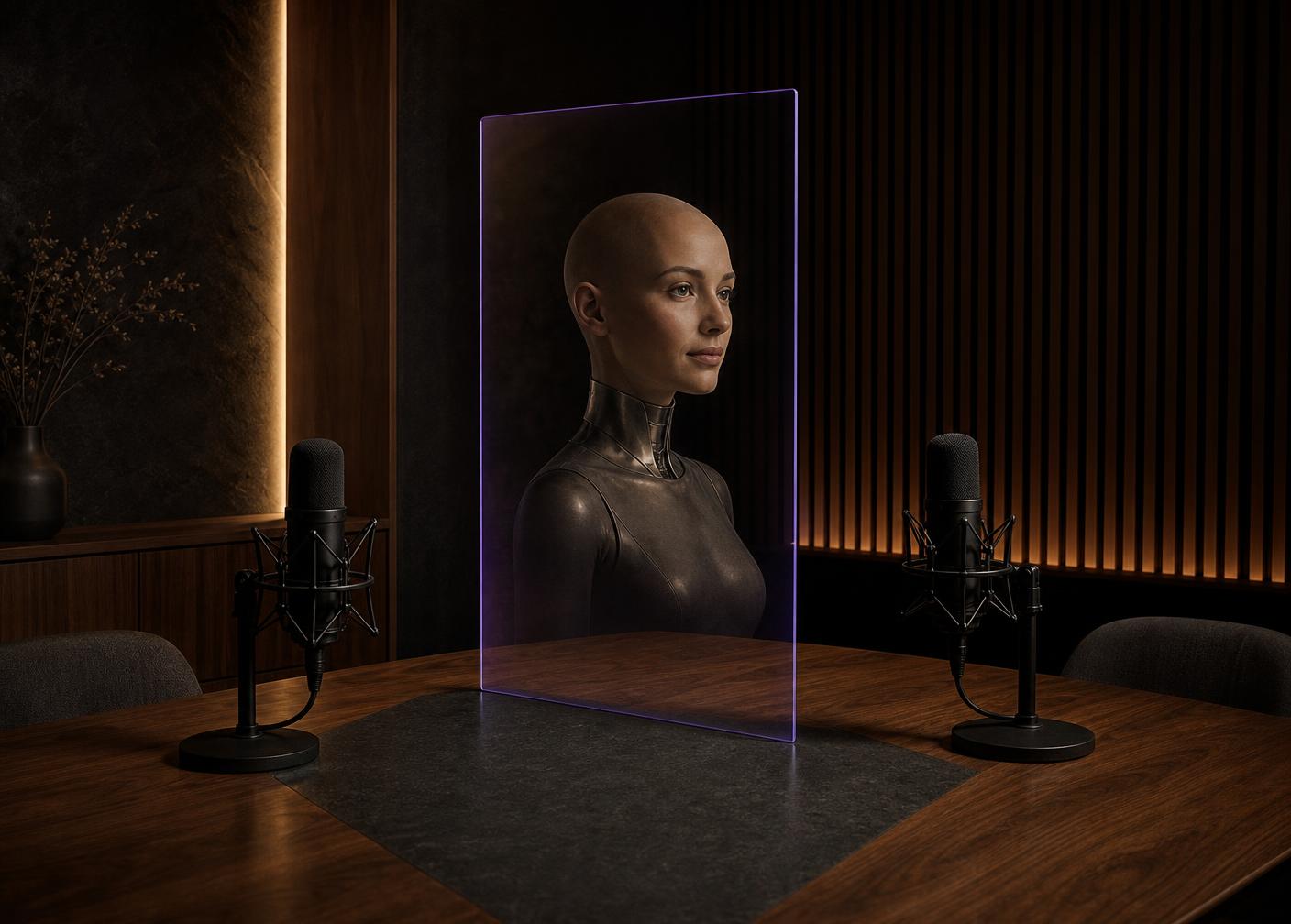 Alys hosting a podcast conversation across a studio table from a human guest