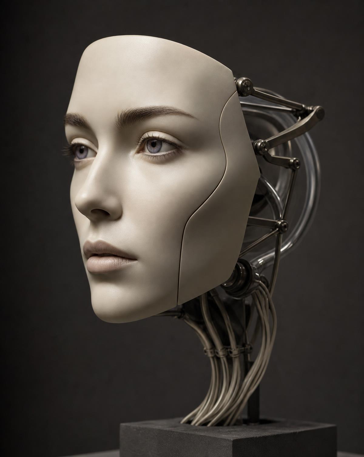 The floating face shell of Alys, with titanium linkages, glass tubing and cables behind it
